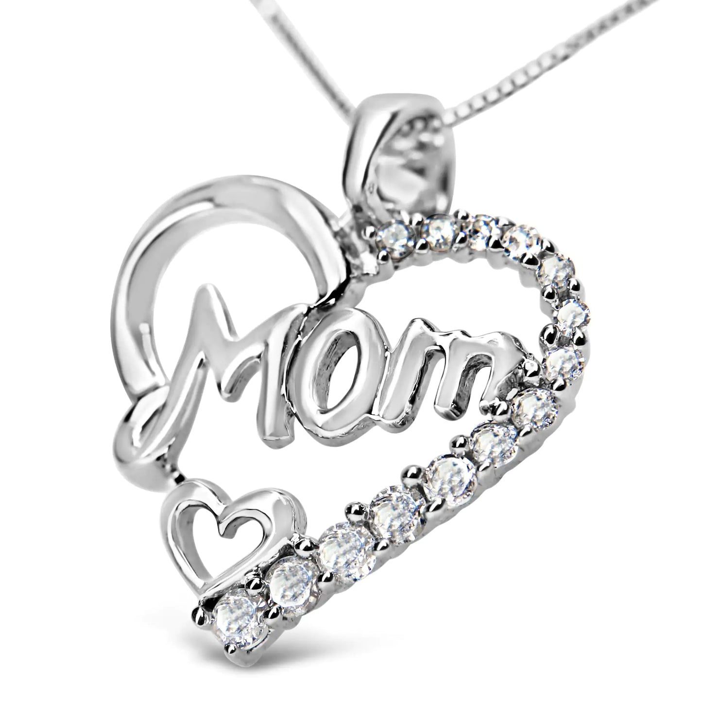 .925 Sterling Silver 1/4 Cttw Round Diamond "Mom" Heart Pendant 18" Necklace (I-J Color, I3 Clarity)