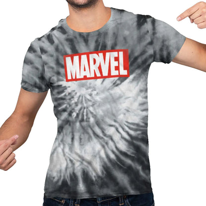 Marvel Classic Logo Adult Tee Graphic T-Shirt for Men Tshirt Clothing Apparel (White and Black Spiral Wash Color Large)