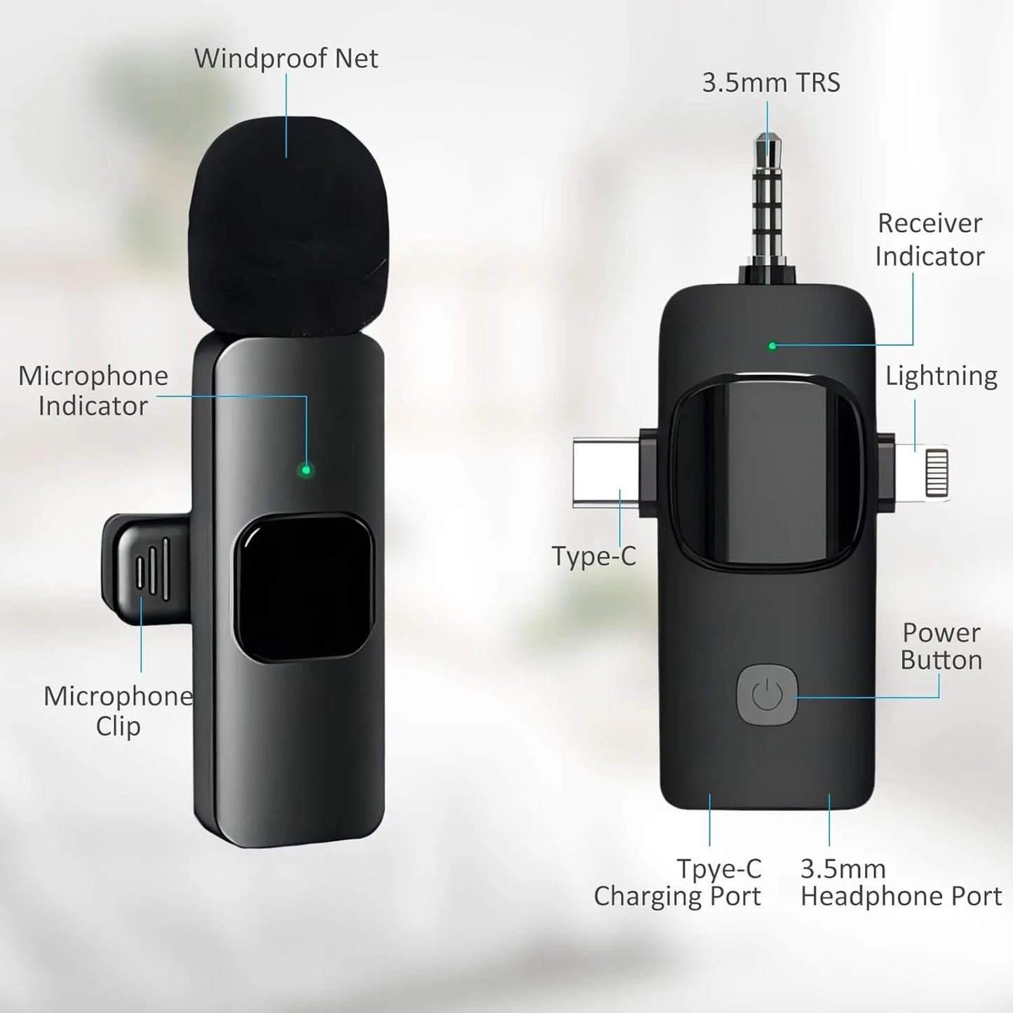 Wireless Clip-On Mini Microphone 3-in-1