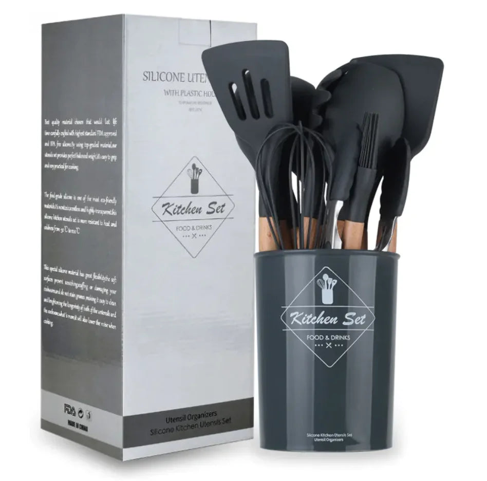 Dark Grey Silicone Kitchen Utensil Set with Wooden Handles