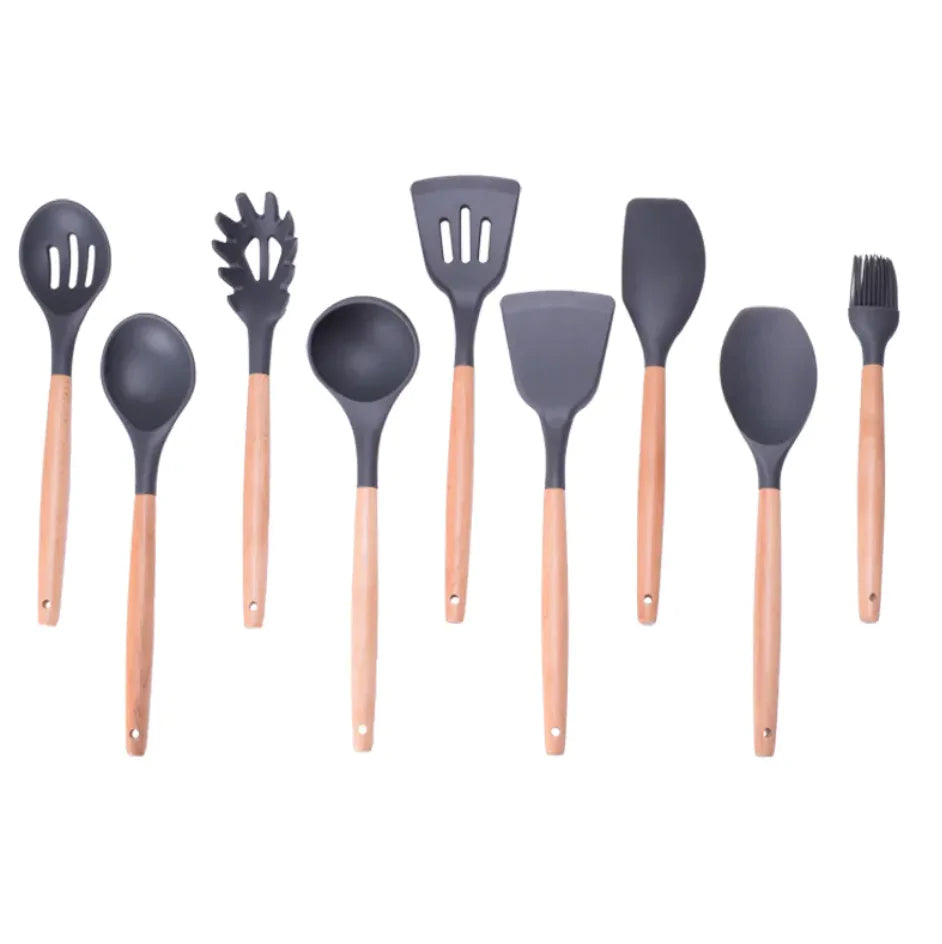 Dark Grey Silicone Kitchen Utensil Set with Wooden Handles