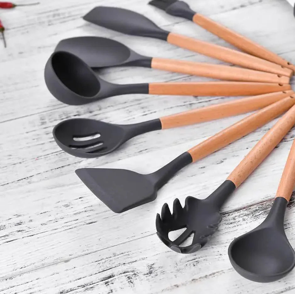 Dark Grey Silicone Kitchen Utensil Set with Wooden Handles