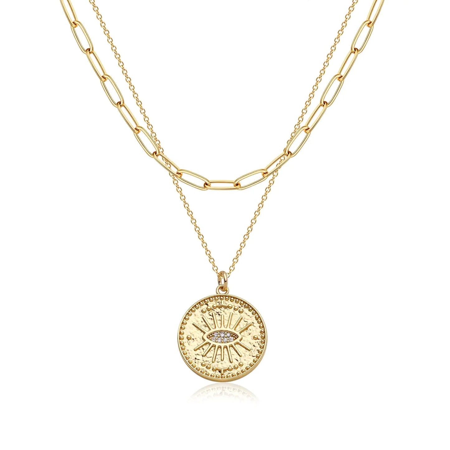 BENEIGE Evil Eye Necklace 14K Gold Plated Cute Dainty Handmade Everyday Layered Coin Necklace for Women Minimalist Jewelry