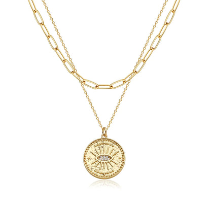 BENEIGE Evil Eye Necklace 14K Gold Plated Cute Dainty Handmade Everyday Layered Coin Necklace for Women Minimalist Jewelry